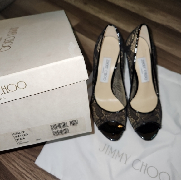 Jimmy Choo Black Luna Peep Toe Lace Pumps, Size 37 /US 7 Authentic - Picture 13 of 13